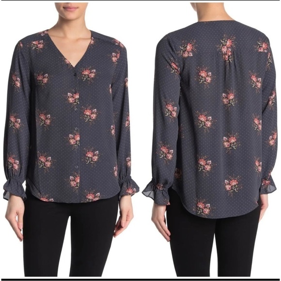 LOFT Sz S Gray Pink Floral Print Polka Dot Peasant Blouse Top Womens - Picture 1 of 6